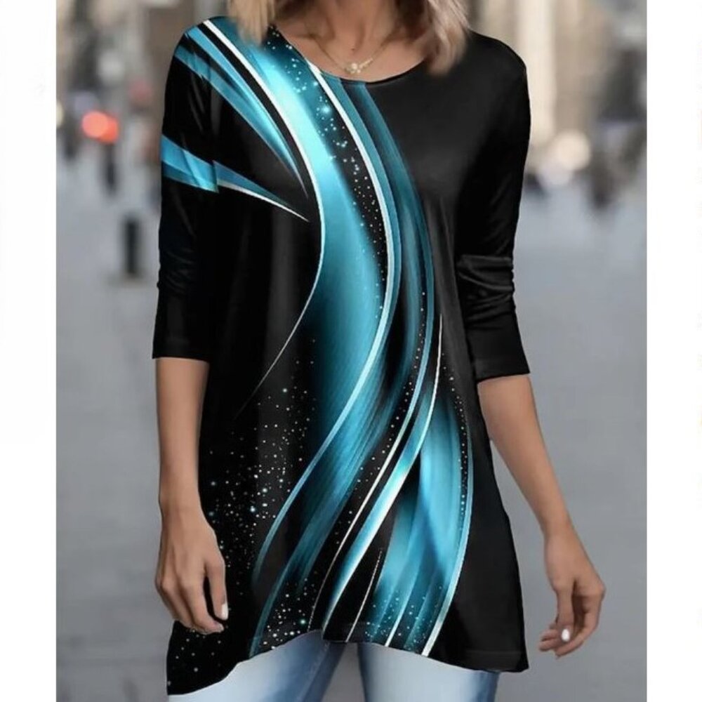 Graphic Print‎ Crew Neck Tunic, Vintage Long Sleeve Top